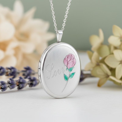 Pendentif Porte Photo Ovale "Love" & Rose, Argent 925, 20x32mm - Artemis