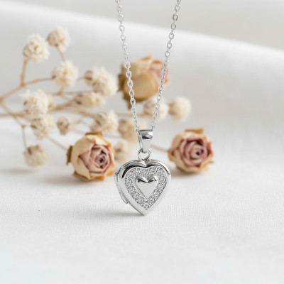 Pendentif Photo Coeur, Argent 925 & Zircons, 16x25mm - Artemis