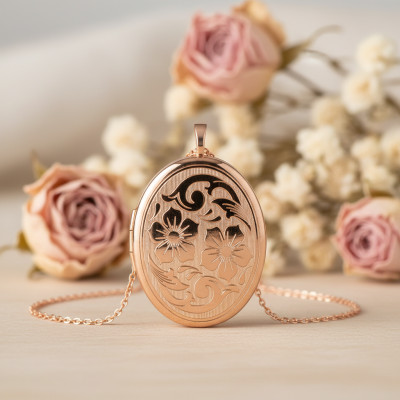 Pendentif Photo Ovale gravure Fleurs, Or Rose 375, 20x32mm - Emanessence