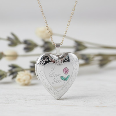 Pendentif Porte Photo Coeur Floral "I Love You", Argent 925, 20x25mm - Artemis