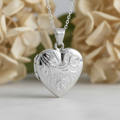 Pendentif Porte Photo Coeur & Fleurs, Argent 925, 21x30mm - Artemis