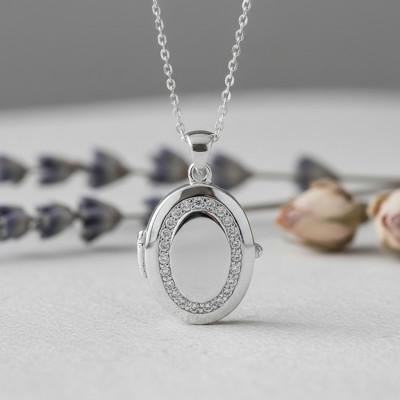 Pendentif Porte Photo Ovale Zircons, Argent 925, 18x23mm - Artemis