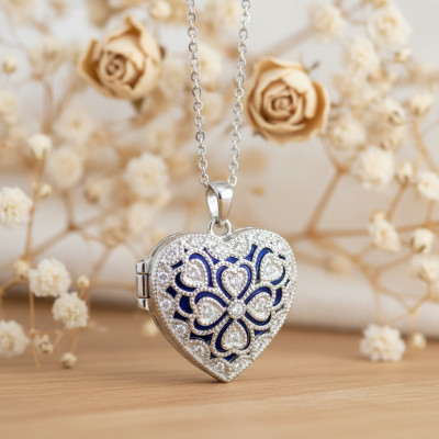 Pendentif Photo Coeur Filigrane, Argent Rhodié & Zircons, 30mm - Emanessence