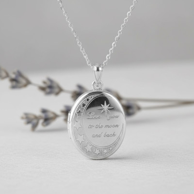 Pendentif Photo Ovale Etoilé "Love you to the moon and back", Argent Rhodié, 27mm - Emanessence