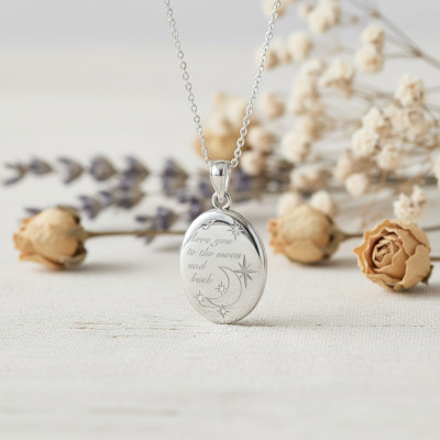 Pendentif Photo Ovale "Love you to the moon and back", Argent Rhodié, 34mm - Emanessence
