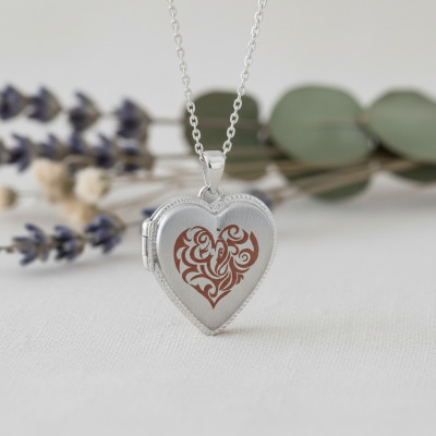 Pendentif Porte Photo Coeur tribal rouge, Argent Rhodié 925, 20x20mm - Artemis