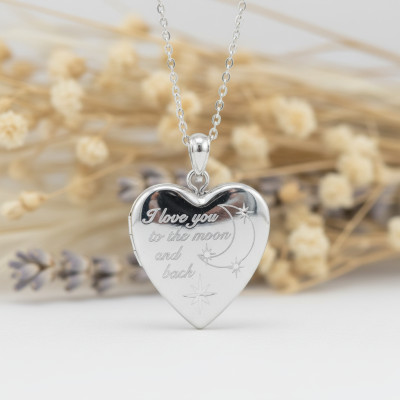 Pendentif Photo Coeur "Love you to the moon and back", Argent Rhodié, 28mm - Emanessence