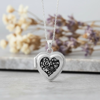 Pendentif Porte Photo Coeur tribal noir, Argent Rhodié 925, 20x20mm - Artemis