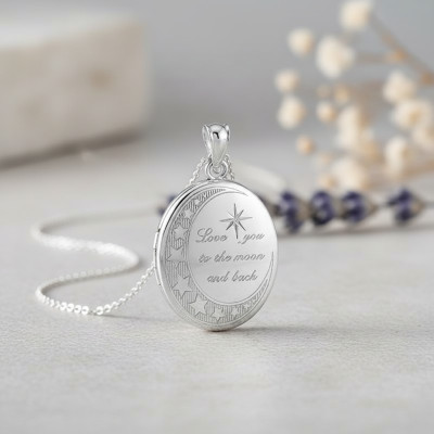 Pendentif Photo Etoilé "Love you to the moon and back", Argent Rhodié, 34mm - Emanessence