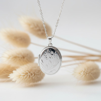 Pendentif Photo Ovale Fleuri, Argent 925, 28x22mm - Emanessence
