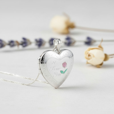 Pendentif Porte Photo Coeur "I Love You" & Rose, Argent 925, 30x24mm - Artemis