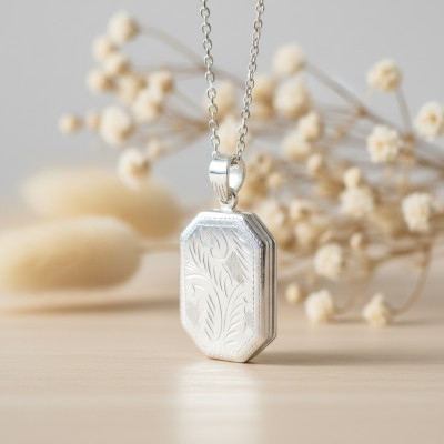 Pendentif Porte Photo Octogonal motif Floral, Argent 925, 20x34mm - Artemis