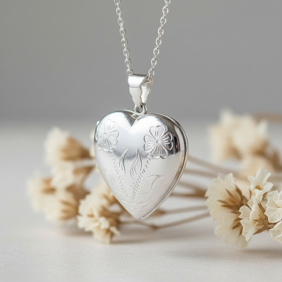 Pendentif Porte Photo Coeur motif Floral, Argent 925, 32x43mm - Artemis