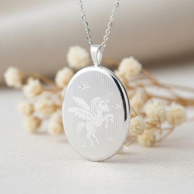 Pendentif Porte Photo Ovale Licorne, Argent 925, 35x20mm - Artemis