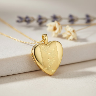 Pendentif Porte Photo Coeur à motifs Papillons, Or Jaune 375, 20x25mm - Emanessence