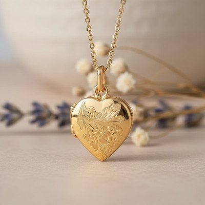 Pendentif Photo coeur fleuri, Or jaune 375, 25x16mm - Emanessence