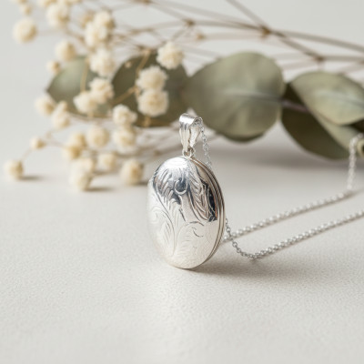 Pendentif Porte Photo Ovale Fleuri, Argent 925, 27x47mm - Artemis