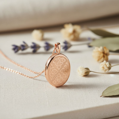 Pendentif Porte Photo Ovale Celtique, Or Rose 375, 25x16mm - Emanessence