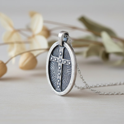 Pendentif Bouclier Croix Ovale, Argent - Emanessence
