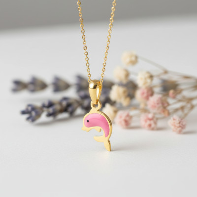 Pendentif Dauphin, Or jaune et émail rose - Bambins