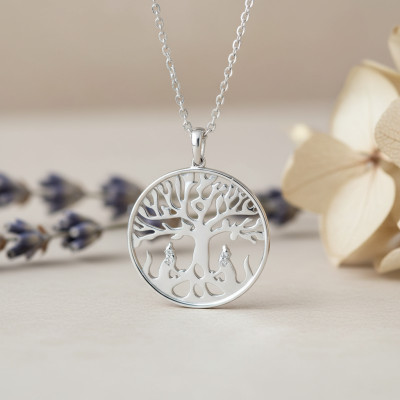 Pendentif Arbre de vie & Deux Loups, Argent 925/1000 - Emanessence
