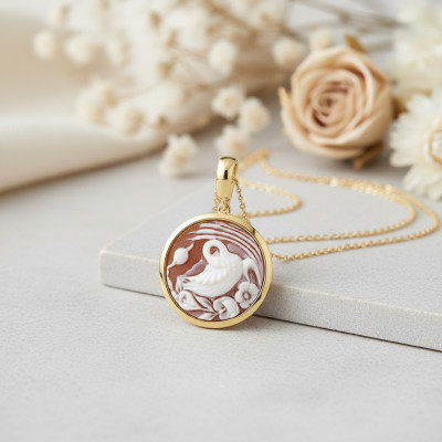 Pendentif Camée Rond Cygne, Argent Doré - Emanessence