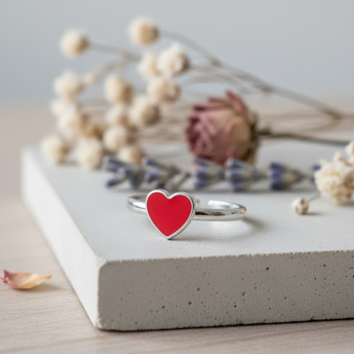 Bague Enfant Coeur rouge, Argent 925 & Laque, Ajustable - Bambins