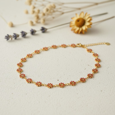 Collier Fleurs Marguerites, Acier doré & résine, 43cm - Bambins