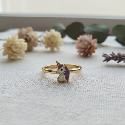 Bague Enfant Licorne, Plaqué or & Laque, Ajustable - Bambins