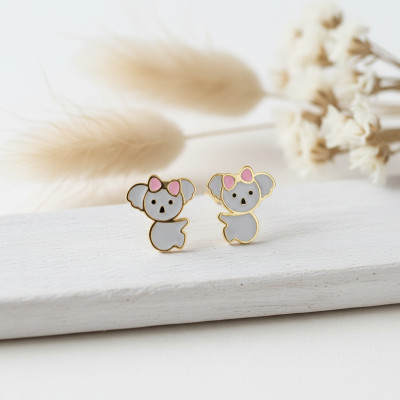 Boucles d'oreilles enfant koala, Or jaune et émail - Bambins