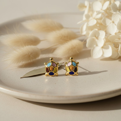 Boucles d'oreilles Tortue, Or Jaune 375 & Laque multicolore - Bambins