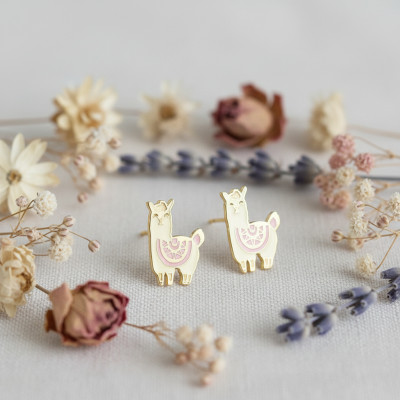 Boucles d'oreilles Lama, Email & Or jaune - Bambins