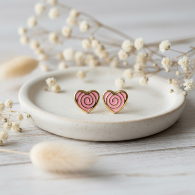 Boucles d'Oreilles Cœurs Spirale, Email & Or Jaune - Bambins