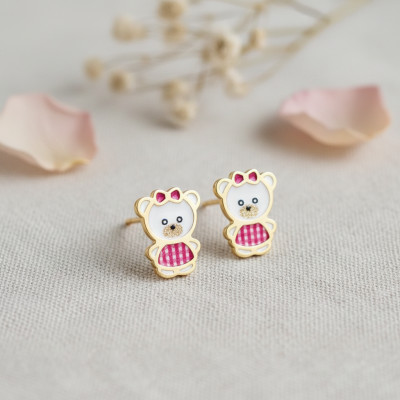 Boucles d'oreilles Ourson, Or jaune 750 et émail - Bambins