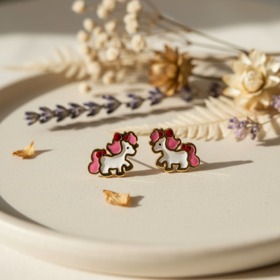 Boucles d'oreilles Poney, Or jaune et émail - Bambins