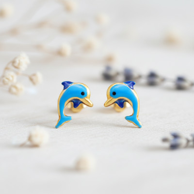 Boucles d'oreilles Dauphin, Or jaune & Laquage bleu - Emanessence