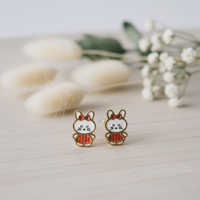 Boucles d'oreilles Lapin Vichy Rouge, Or Jaune - Bambins