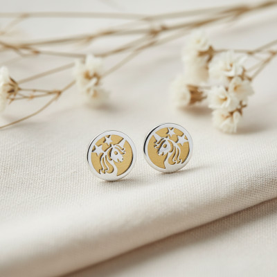 Boucles d'Oreilles Rondes Licorne, Or Blanc & Jaune 375 - Bambins