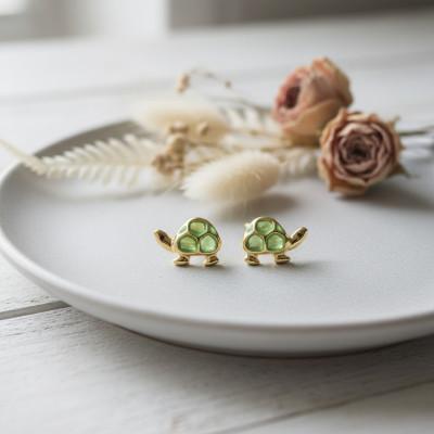 Boucles d'oreilles Tortue verte, Or jaune - Emanessence