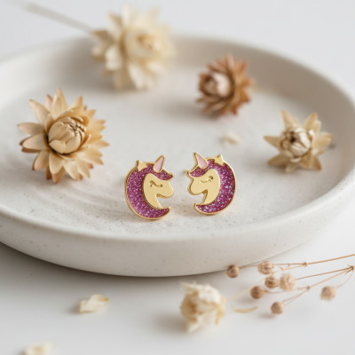 Boucles d'oreilles Licorne, Or jaune 375 & Laque - Bambins