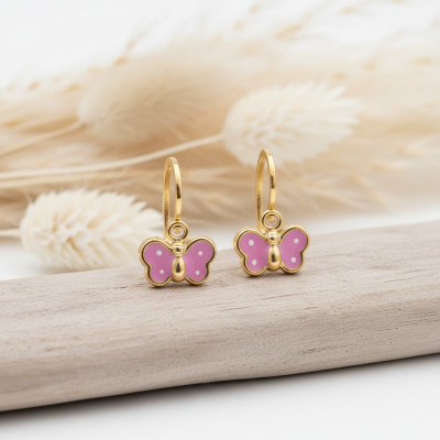 Boucles d'Oreilles Papillon Rose, Or Jaune 375 - Bambins