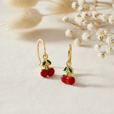 Boucles d'oreilles Cerise, Email & Or Jaune 375 - Bambins