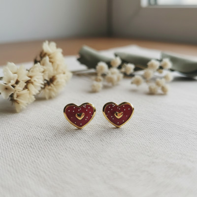 Boucles d'Oreilles Coeurs Rouges, Or Jaune 375 & Laque - Bambins