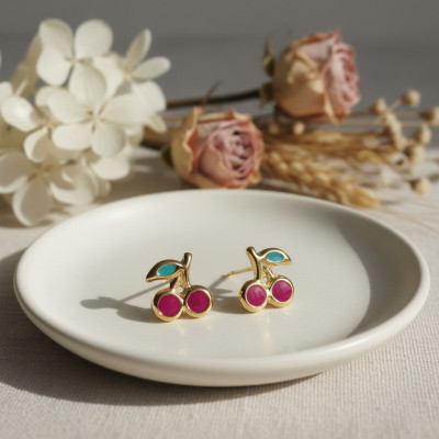 Boucles d'oreilles Cerises, Or Jaune 375 & Laque - Bambins