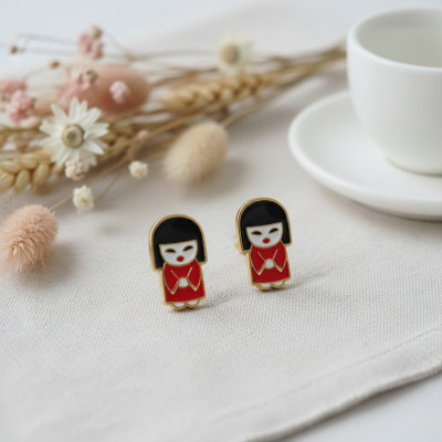 Boucles d'Oreilles Japonaises, Email & Or Jaune - Bambins