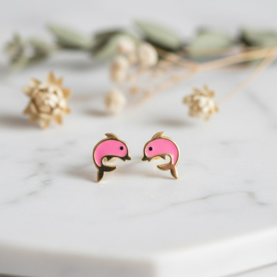 Boucles d'oreilles Dauphin, Or jaune et émail rose - Bambins
