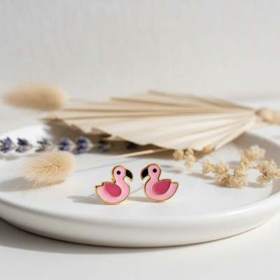 Boucles d'oreilles Flamant Rose, Or Jaune 375 - Bambins