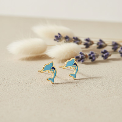 Boucles d'oreilles Dauphins, Or Jaune 375 & Émail Bleu - Bambins