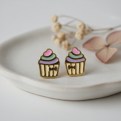 Boucles D'oreilles Cupcakes, Email & Or jaune 375 - Bambins