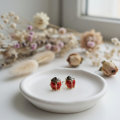 Puces D'oreilles Coccinelles, Email & Or jaune 375 - Bambins